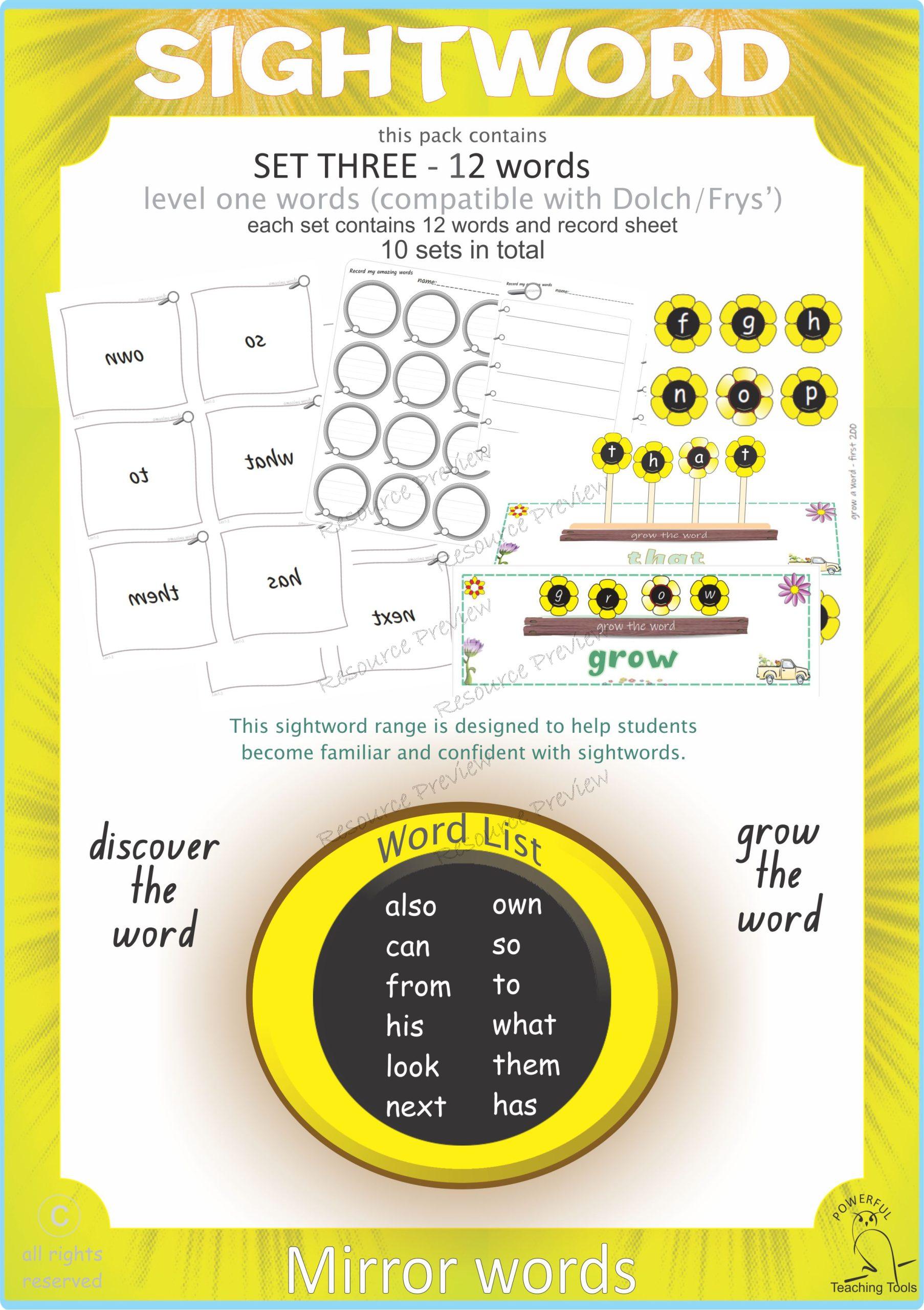 Sight word Grow and Mirror Lv1-3